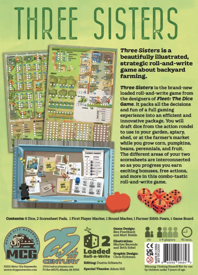 Back of Three Sisters board game showing backyard farming theme, components, and scorepad.