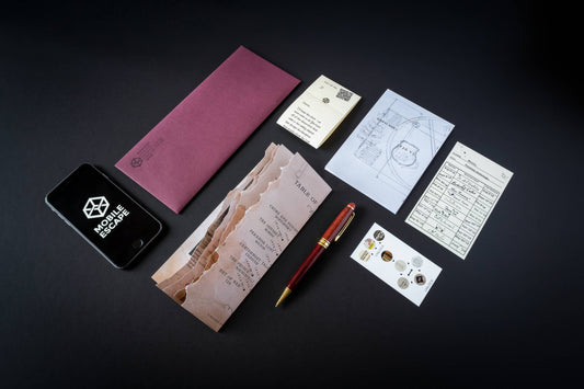 Family Secrets Series: Episode 5 - Lost Library game clues with envelope, papers, pen, and smartphone.