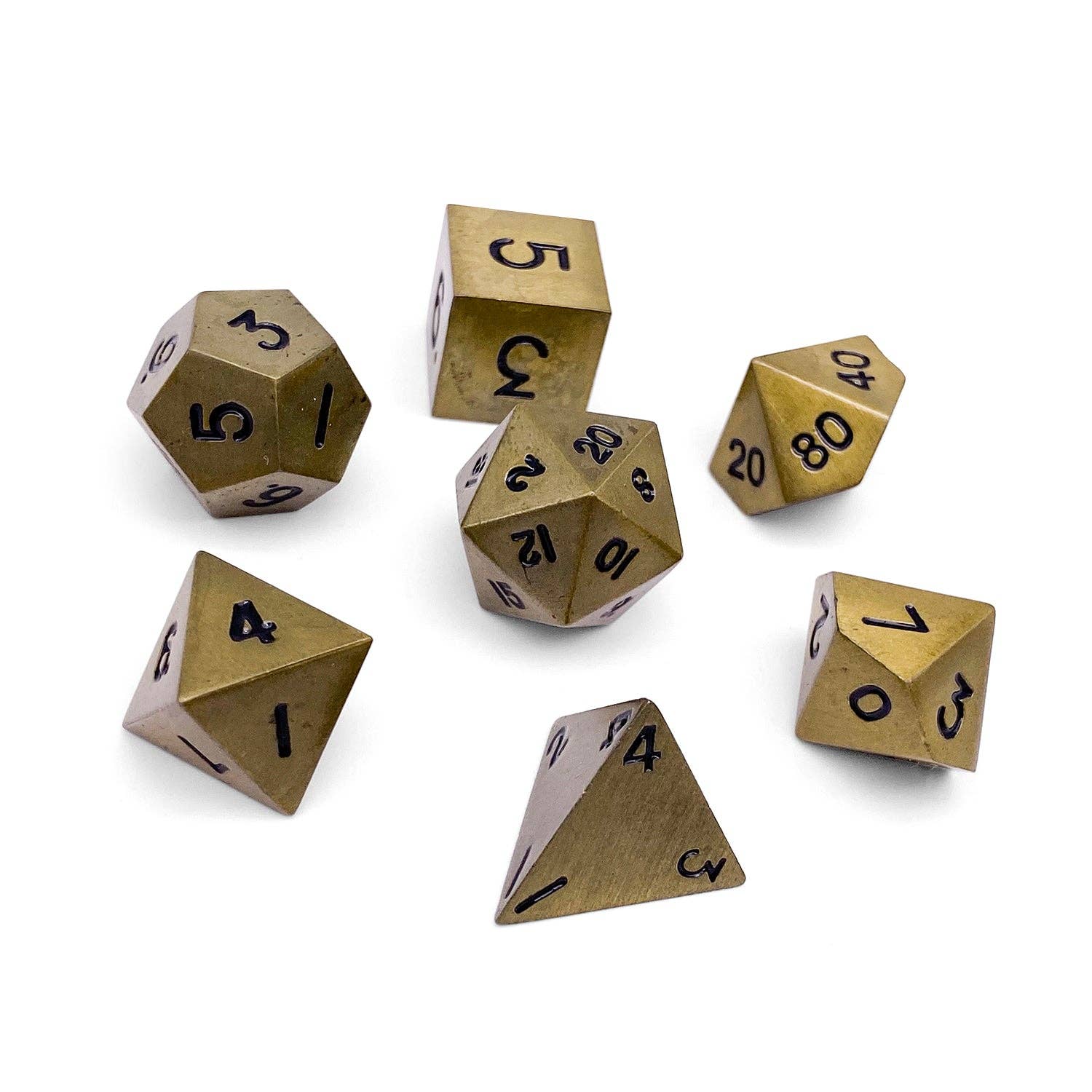 Bronze Dragon Scale 7 piece metal dice set with black numbers for D&D and RPG games.