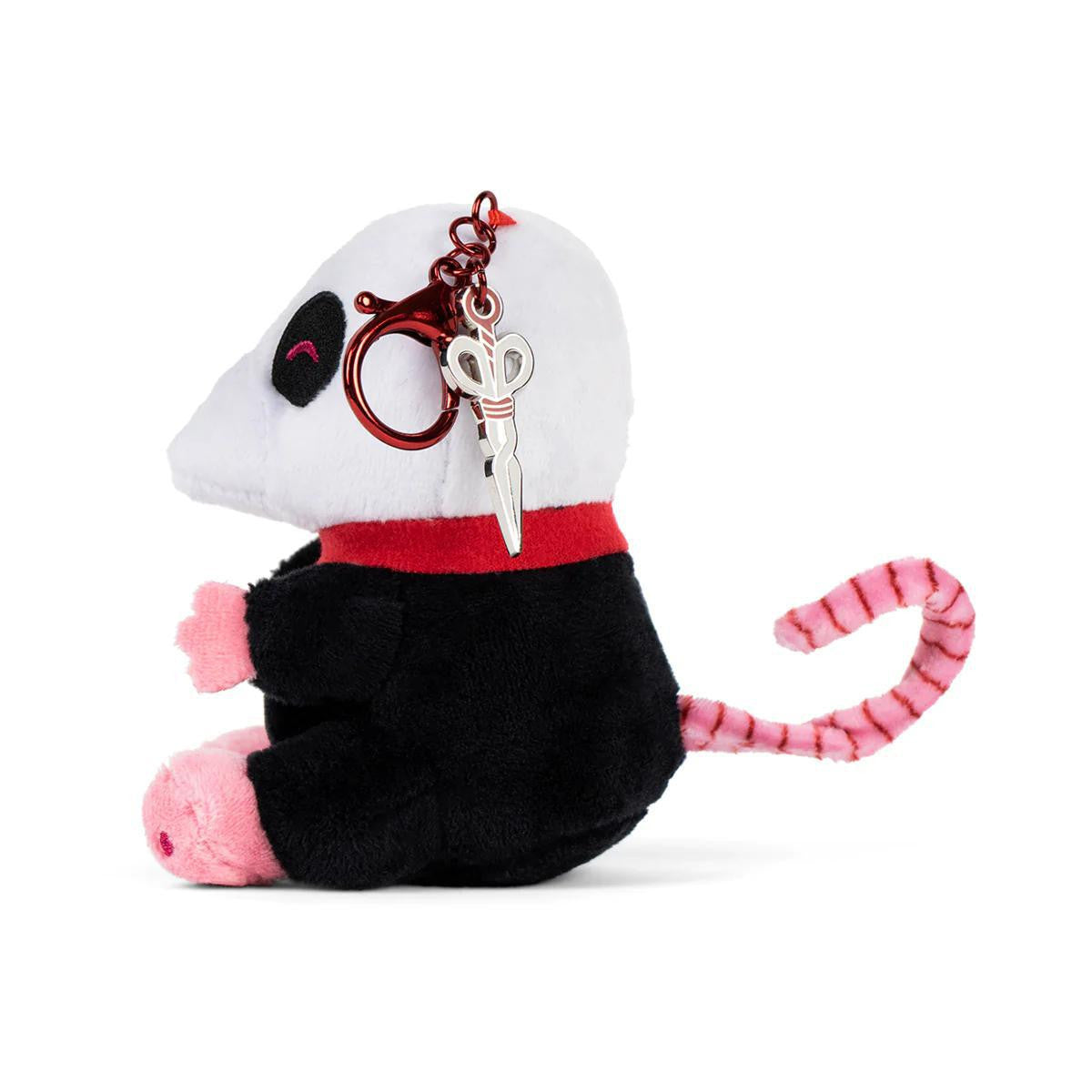 Pate de Rolo 4-Inch Hanger Plush with black outfit, pink paws, striped tail, and scissor keychain on head.