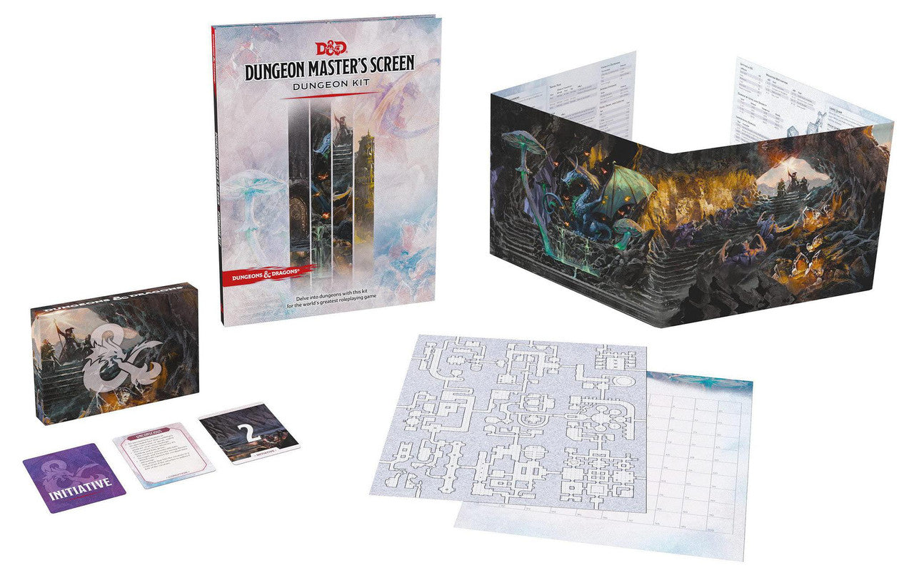 D&D Dungeon Masters Screen: Dungeon Kit with tools, screen, cards, rulebook, and maps on white background.