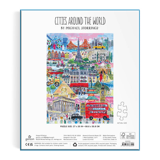 Back of Michael Storrings Cities Around the World 1000 Piece Puzzle box showing illustrated landmarks.