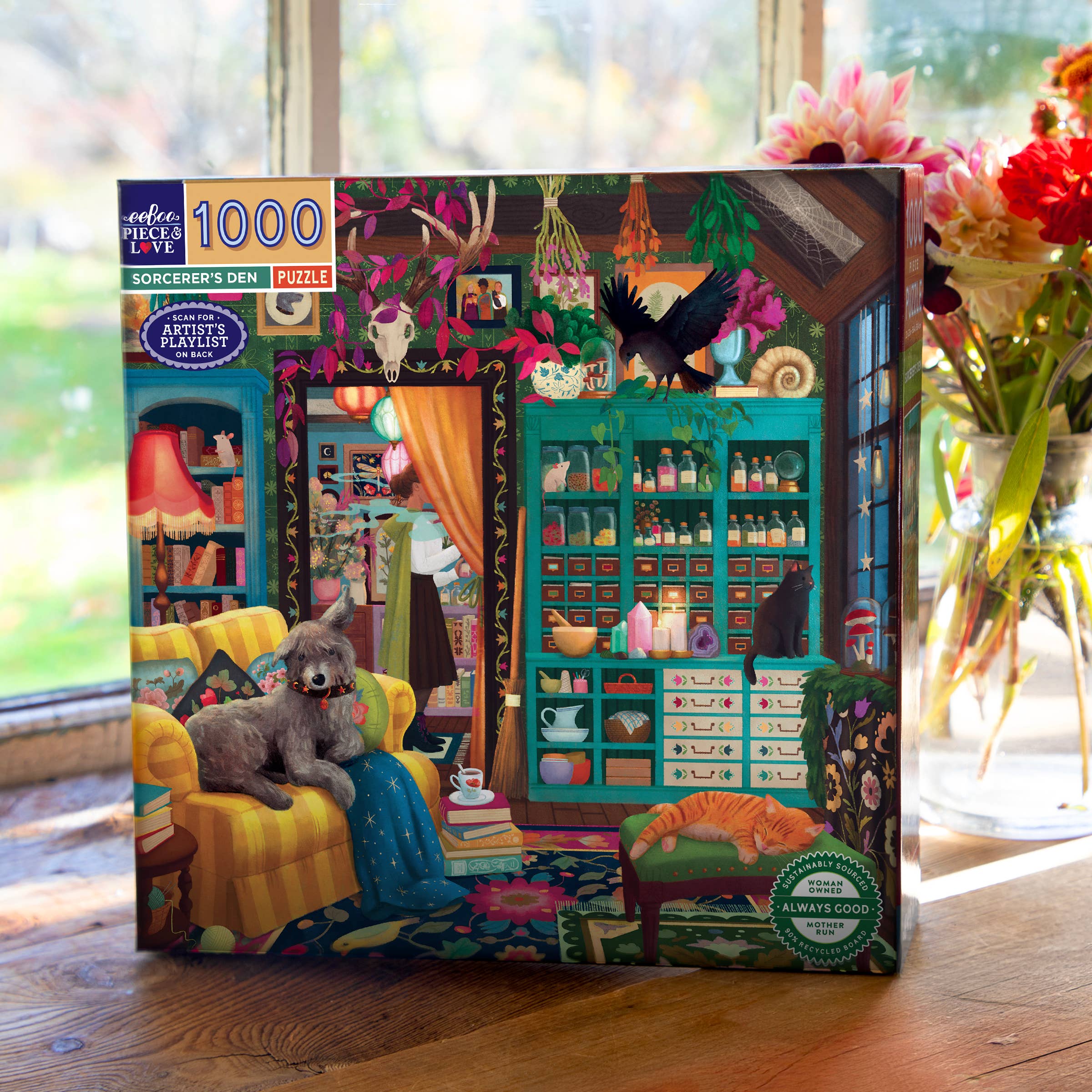 The Sorcerers Den 1000 Piece Puzzle by Jennifer Potter showing a sunlit den scene with flowers.