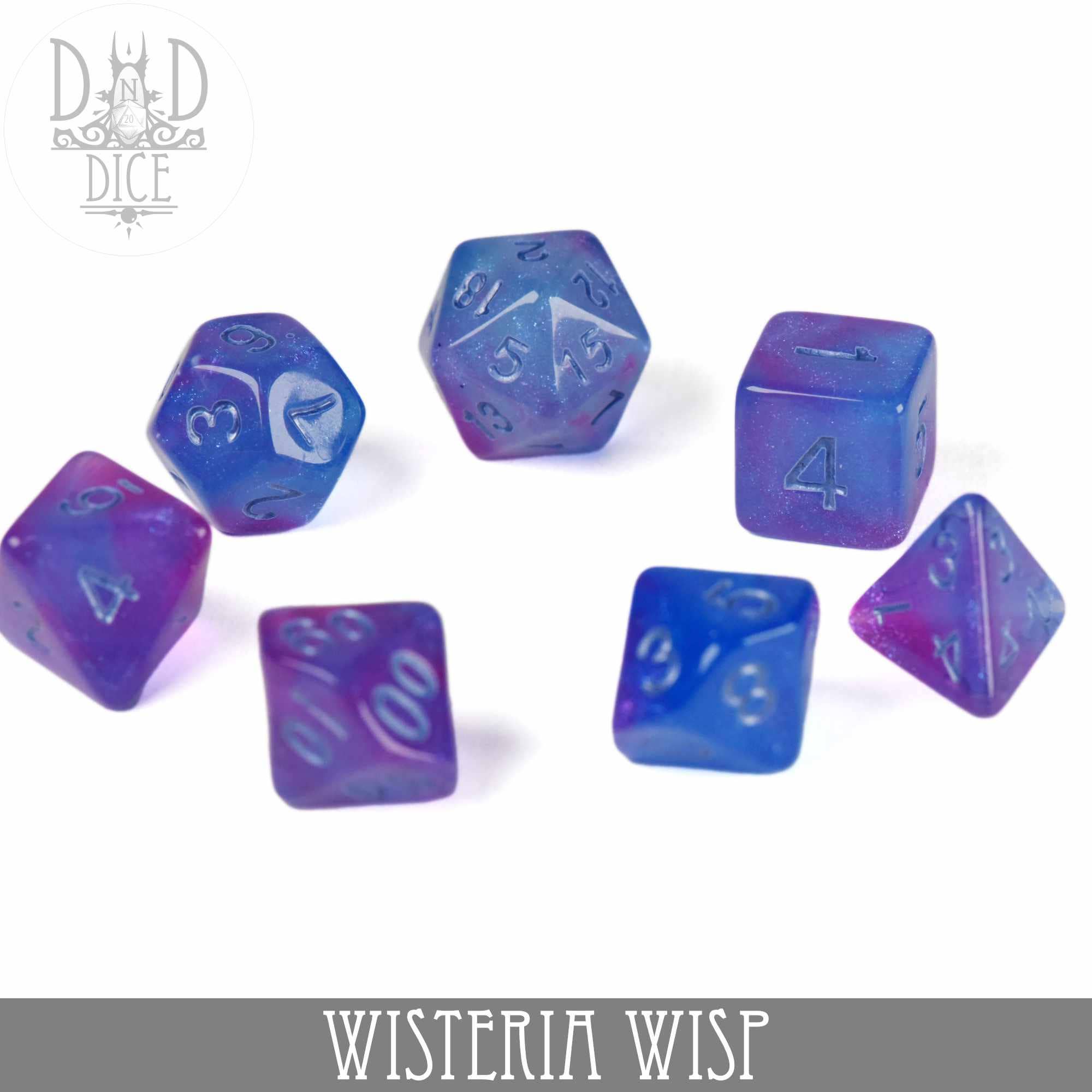 7-piece purple and blue acrylic DND dice set, Wisteria Wisp, with the set name shown below.