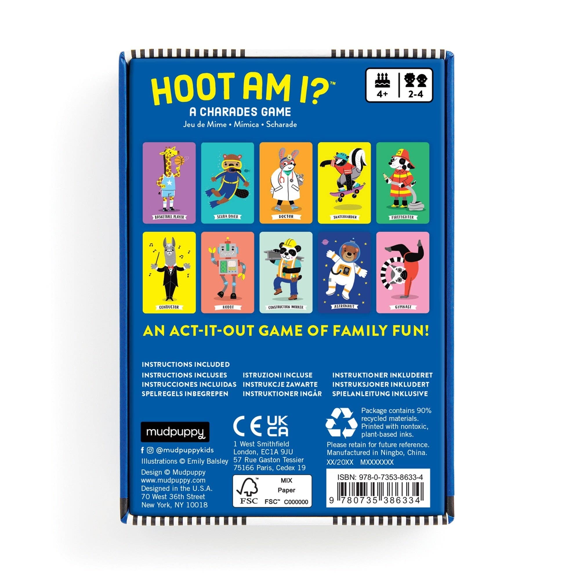 Back of Hoot am I? Charades Card Game box; ages 4+, 2–4 players, includes cartoon character cards.