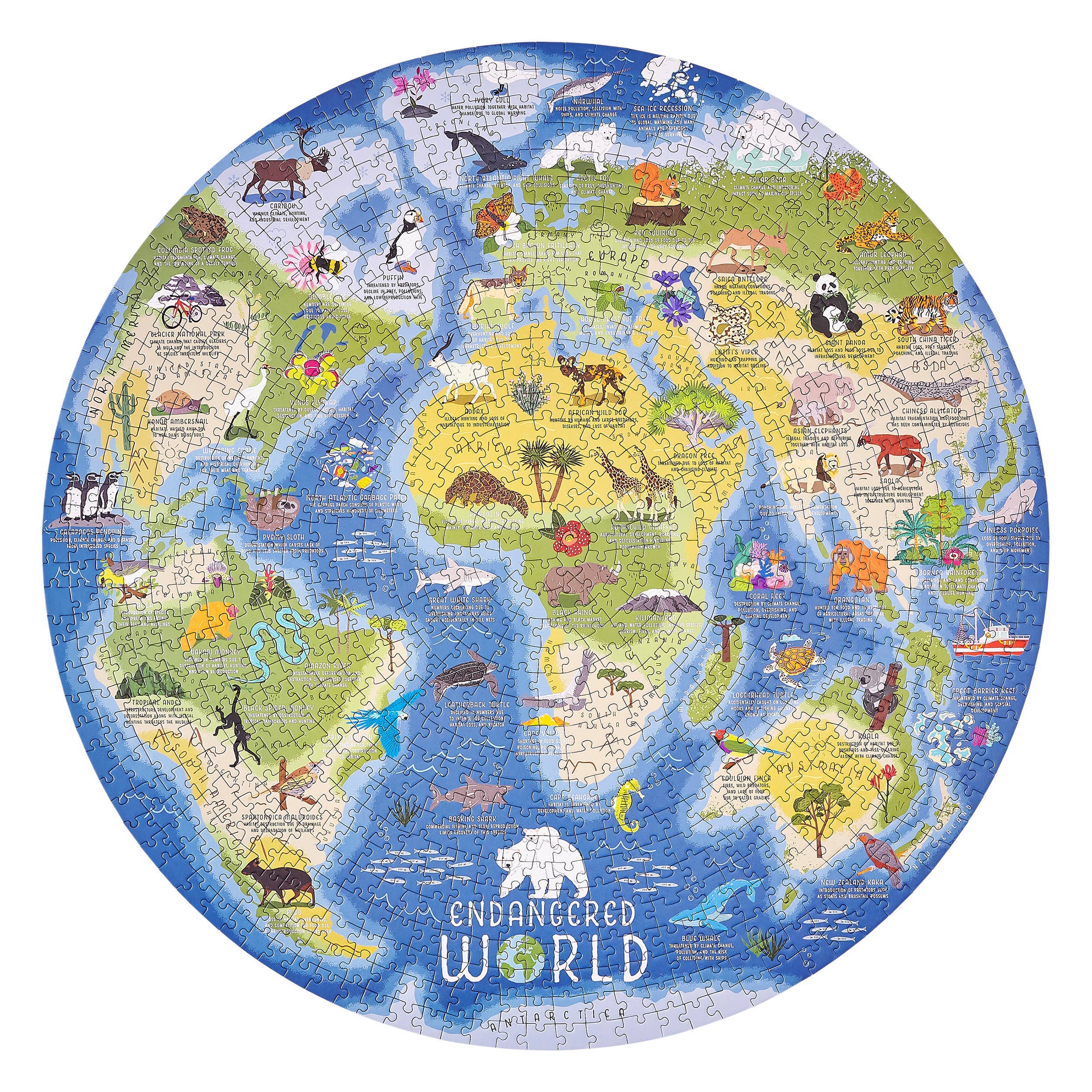 Endangered World 1000 Piece Circular Jigsaw Puzzle featuring animals and landmarks on continents and oceans.