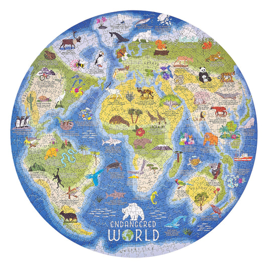 Endangered World 1000 Piece Circular Jigsaw Puzzle featuring animals and landmarks on continents and oceans.