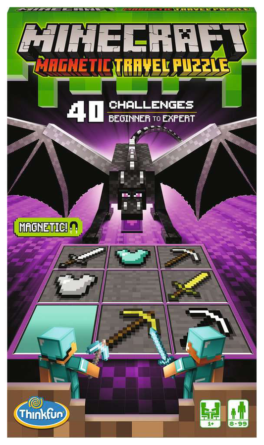 Minecraft Magnetic Travel Puzzle with dragon, tools, and diamond-armored characters shown on the product.