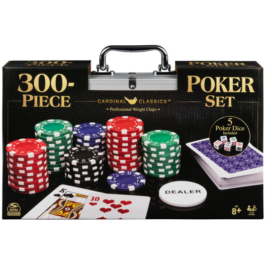 Cardinal Classics 300-Piece Poker Set with chips, cards, dice, and dealer button.