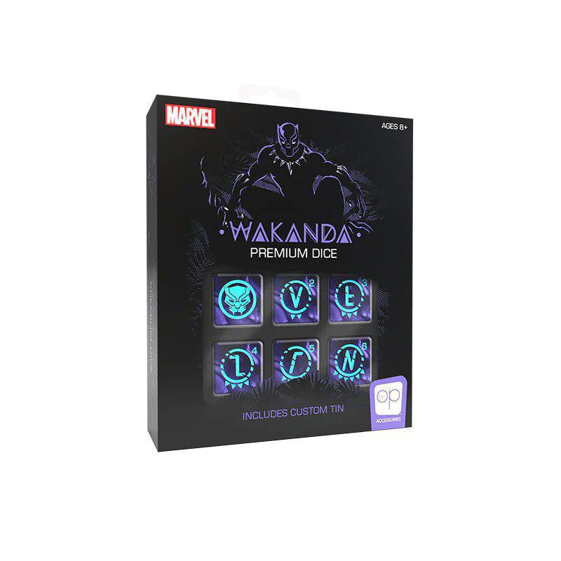 Dice Premium: Black Panther box and six blue Wakandan dice with unique symbols.