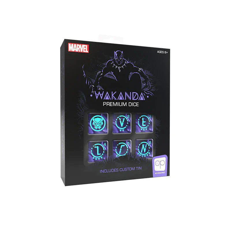 Dice Premium Black Panther set with six unique Wakandan dice and a custom tin.