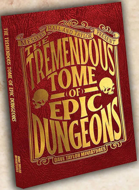 The Tremendous Tome of Epic Dungeons book with red cover, gold lettering, and skull art.