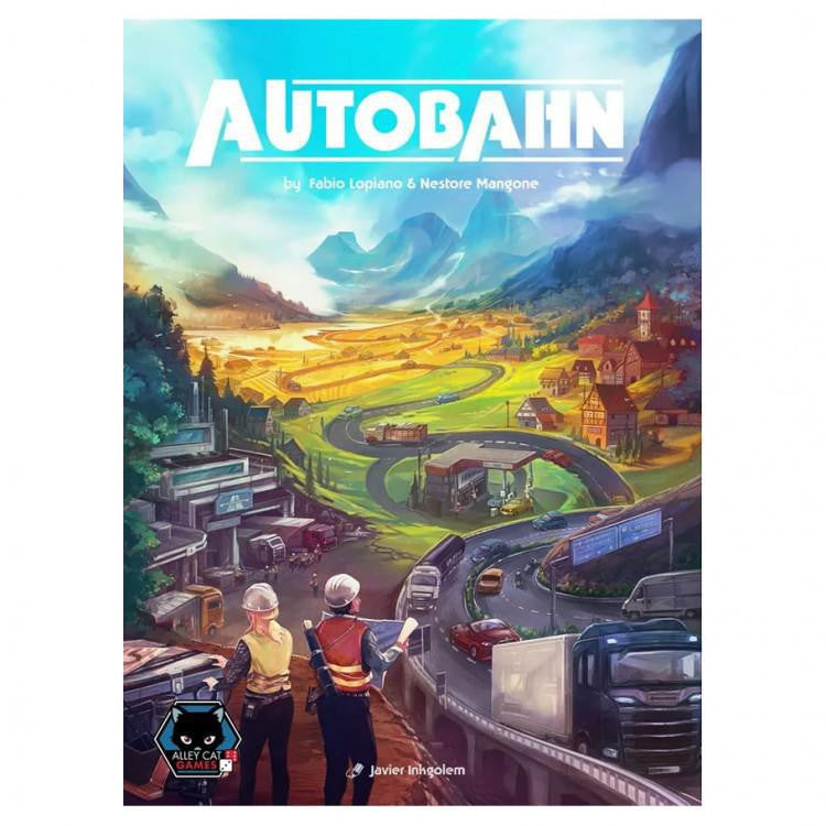 Two workers overseeing Autobahn routes with highways, mountains, cars, and a village in the background.