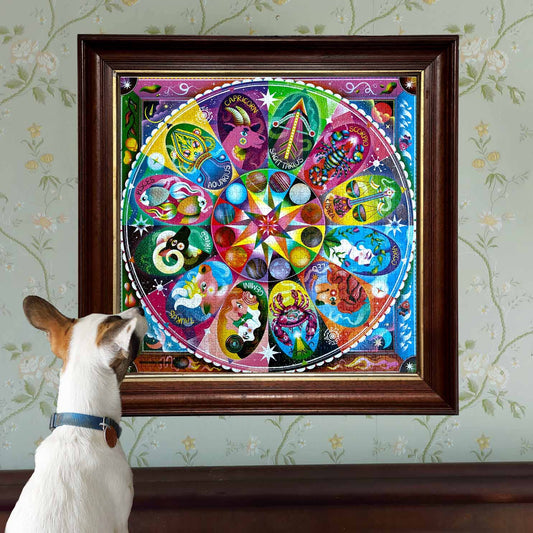 Horoscope 1000 Piece Puzzle with zodiac signs displayed in a frame; a dog is looking at the puzzle.