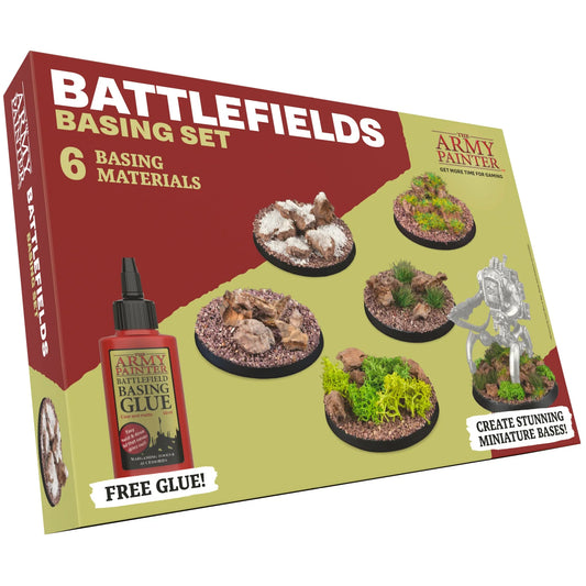 Army Painter Battlefields Basing Set with glue, basing materials, bases, and a robot figure.