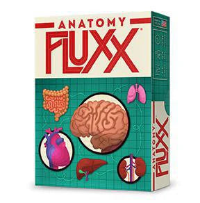 Anatomy Fluxx card game with illustrations of the brain, heart, lungs, intestines, liver, and kidneys.