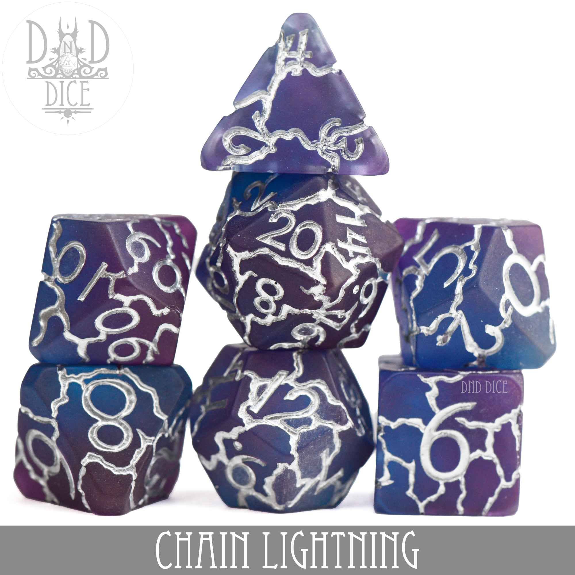 Chain Lightning dice set, frosted purple and blue with silver lightning pattern.