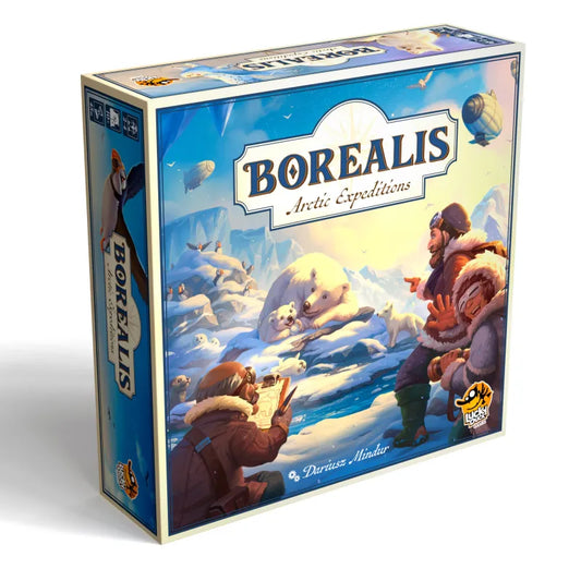 Borealis: Arctic Expeditions board game box with animals in a snowy arctic scene.