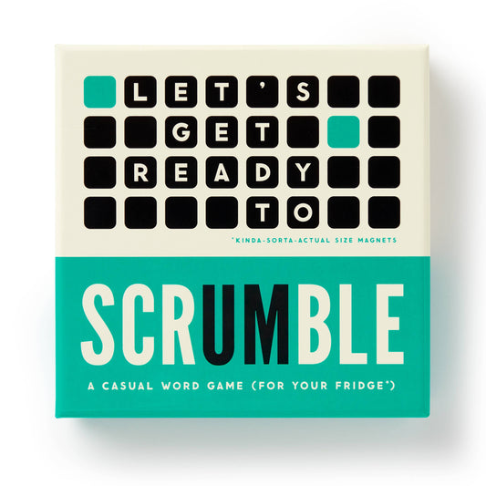 Scrumble Magnetic Fridge Game box with magnets spelling LETS GET READY TO SCRUMBLE on the cover.