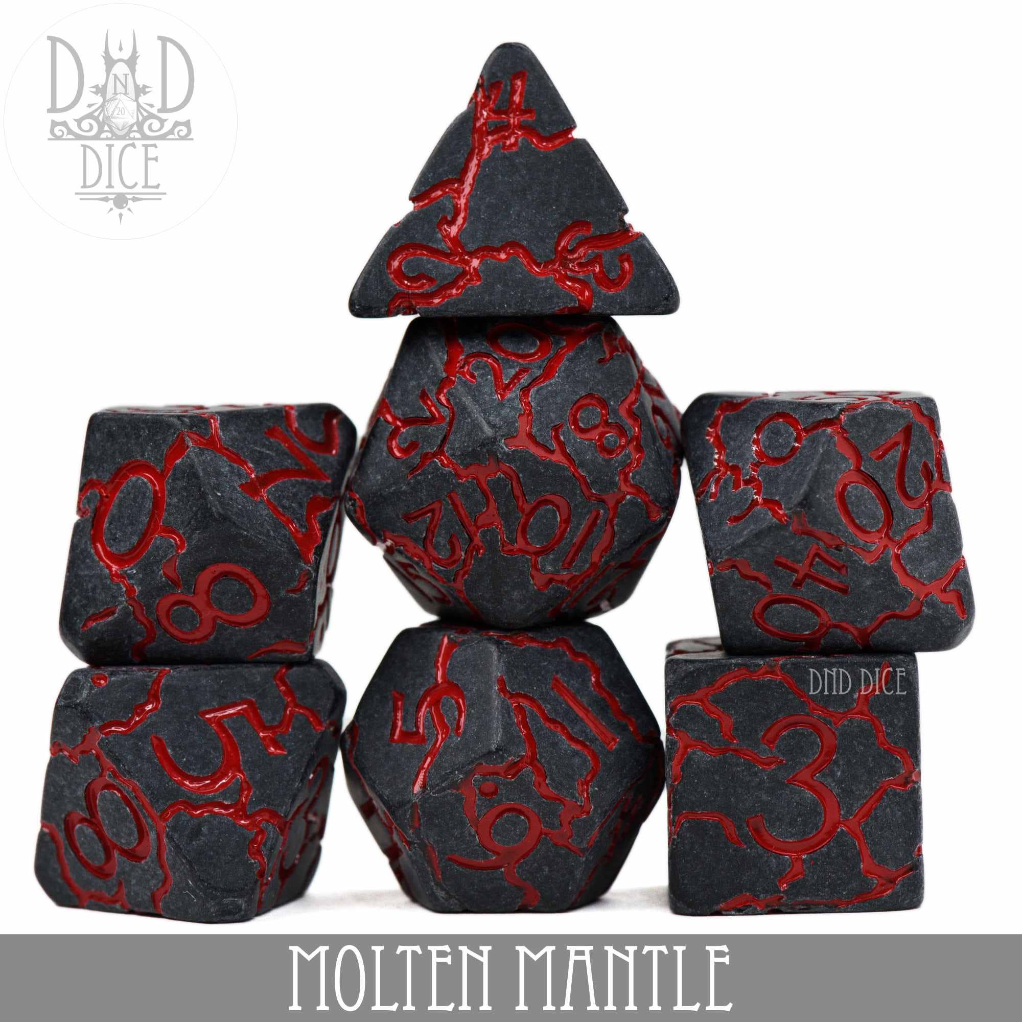 Molten Mantle set: 7 black resin DnD dice with red numbers, arranged in a pyramid.