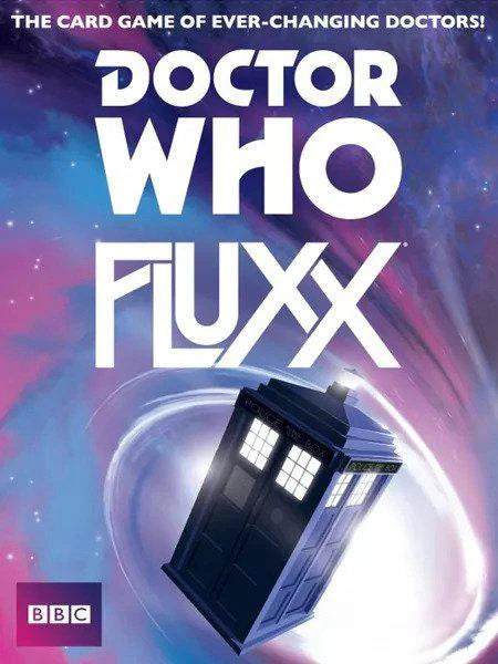 Doctor Who Fluxx card game cover with TARDIS, cosmic background, and bold white title text.