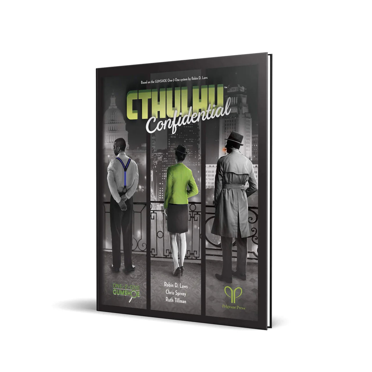 Cthulhu Confidential game cover featuring three 1930s-style figures above a nighttime city skyline.