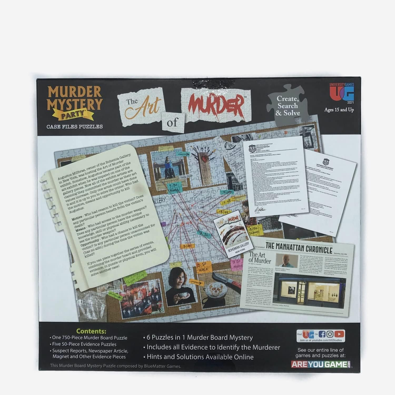 The Art of Murder A Case File Puzzle Mystery box with evidence items, documents, map, and case file visuals.