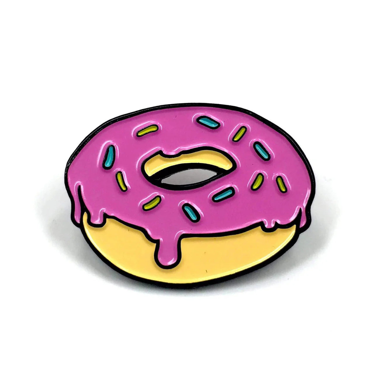 Kolorspun Pins Donut Enamel Pin with pink icing and colorful sprinkles on a white background.