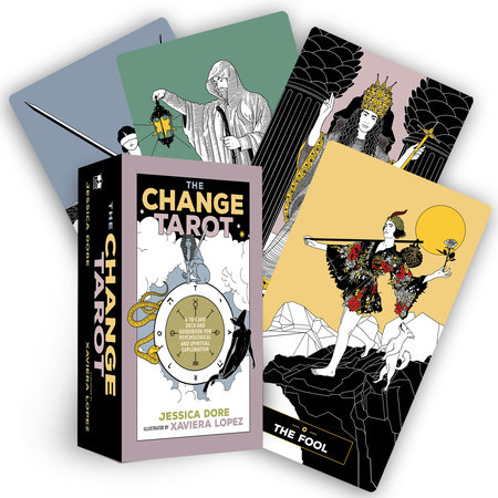 The Change Tarot box with three cards displayed, including The Fool; illustrated figures and mindfulness themes shown.