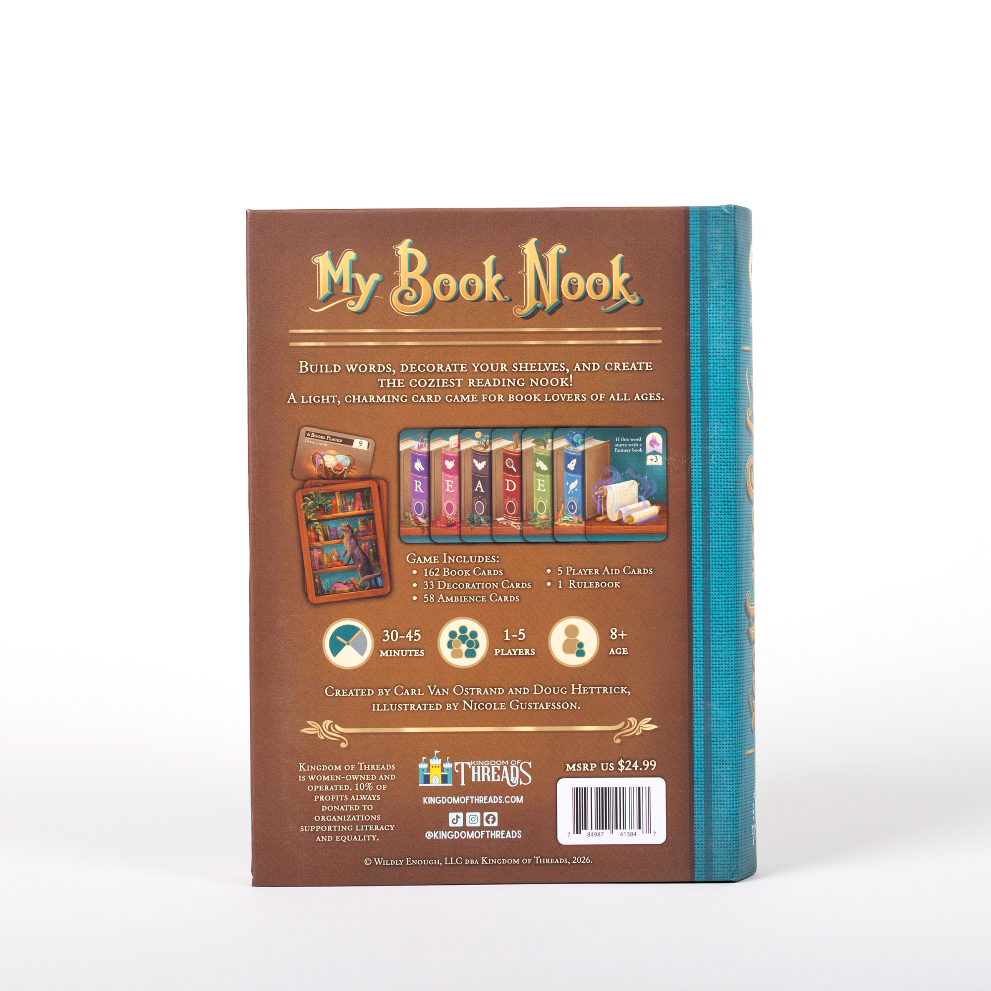 Back cover of My Book Nook: A Cozy Word Building Game with contents list.