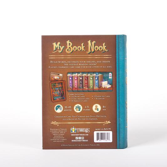 Back cover of My Book Nook: A Cozy Word Building Game with contents list.