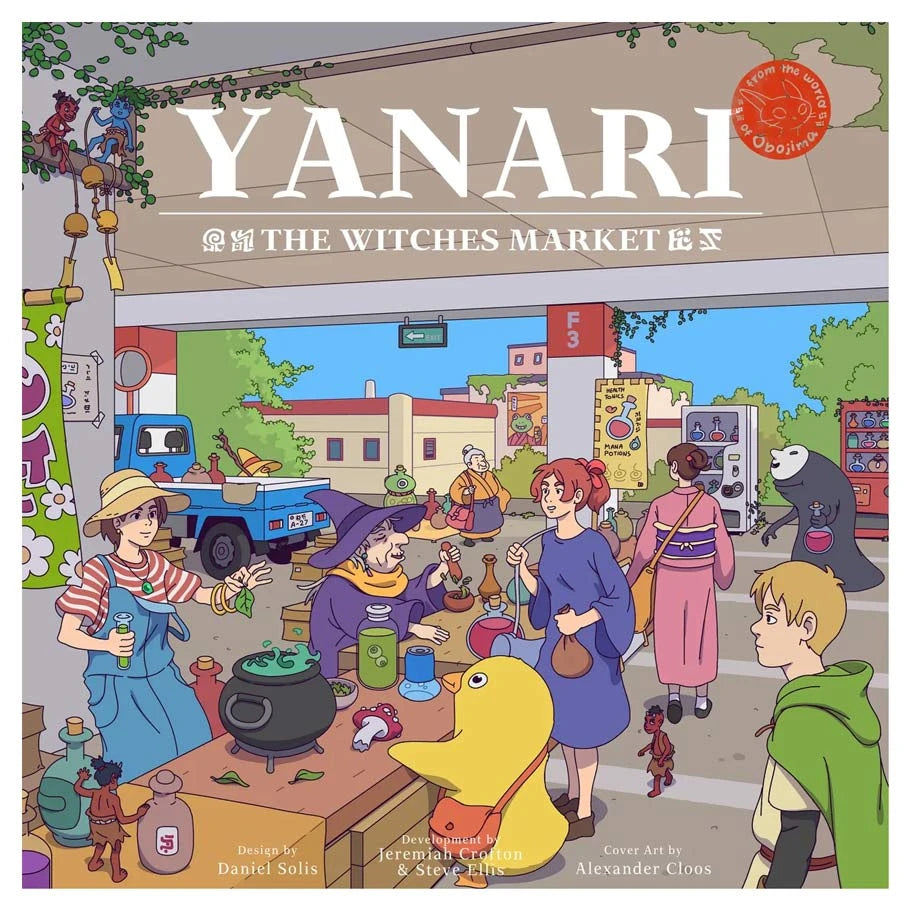 Yanari: The Witches Market showing witches, shoppers, magical items, and fantastical creatures.