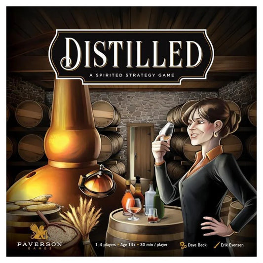 Distilled: A Spirited Strategy Game box featuring a woman holding a glass in a distillery with barrels and bottles.
