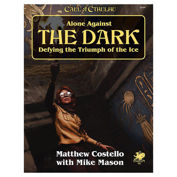 Call of Cthulhu: Alone Against the Dark game cover with title and a woman holding a flashlight in an ornate room.