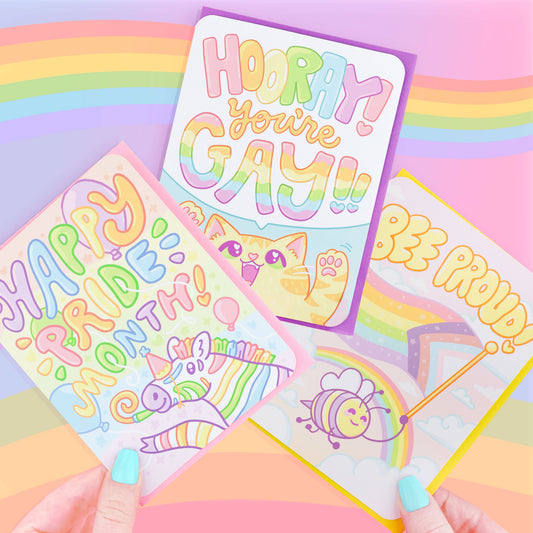 Hooray You’re Gay Kitten LGBTQ greeting card with envelope, made from recycled paper, for Pride Month.