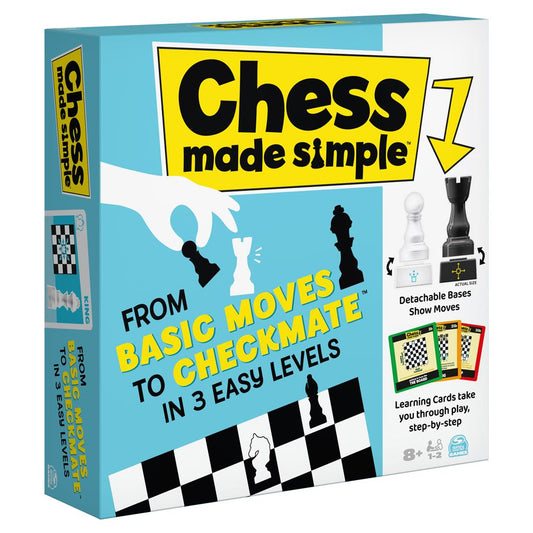 Chess Made Simple set with instructions for three skill levels and included chess pieces.