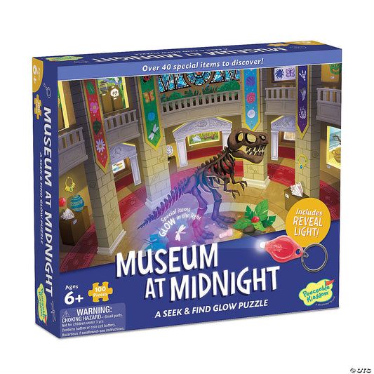 Museum at Midnight Seek and Find Glow Puzzle featuring dinosaur skeleton and reveal light for hidden objects.