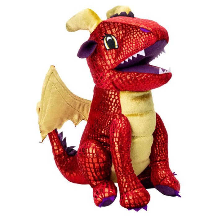 Red and gold plush dragon dice bag with shiny scales, yellow wings, and white teeth.