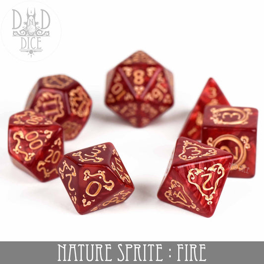 Set of six red acrylic dice with gold numbers. Text reads Nature Sprite: Fire. Dice displayed on a white background.