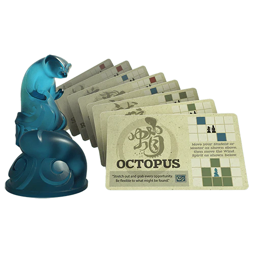 Onitama: Way of the Wind Expansion cards displayed with a blue octopus game piece and an Octopus card in front.