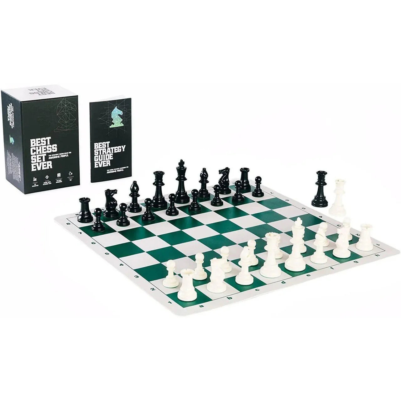 The Best Chess Set Ever x4 Weight with green/white silicone board, black/white pieces, and Strategy Guide box.
