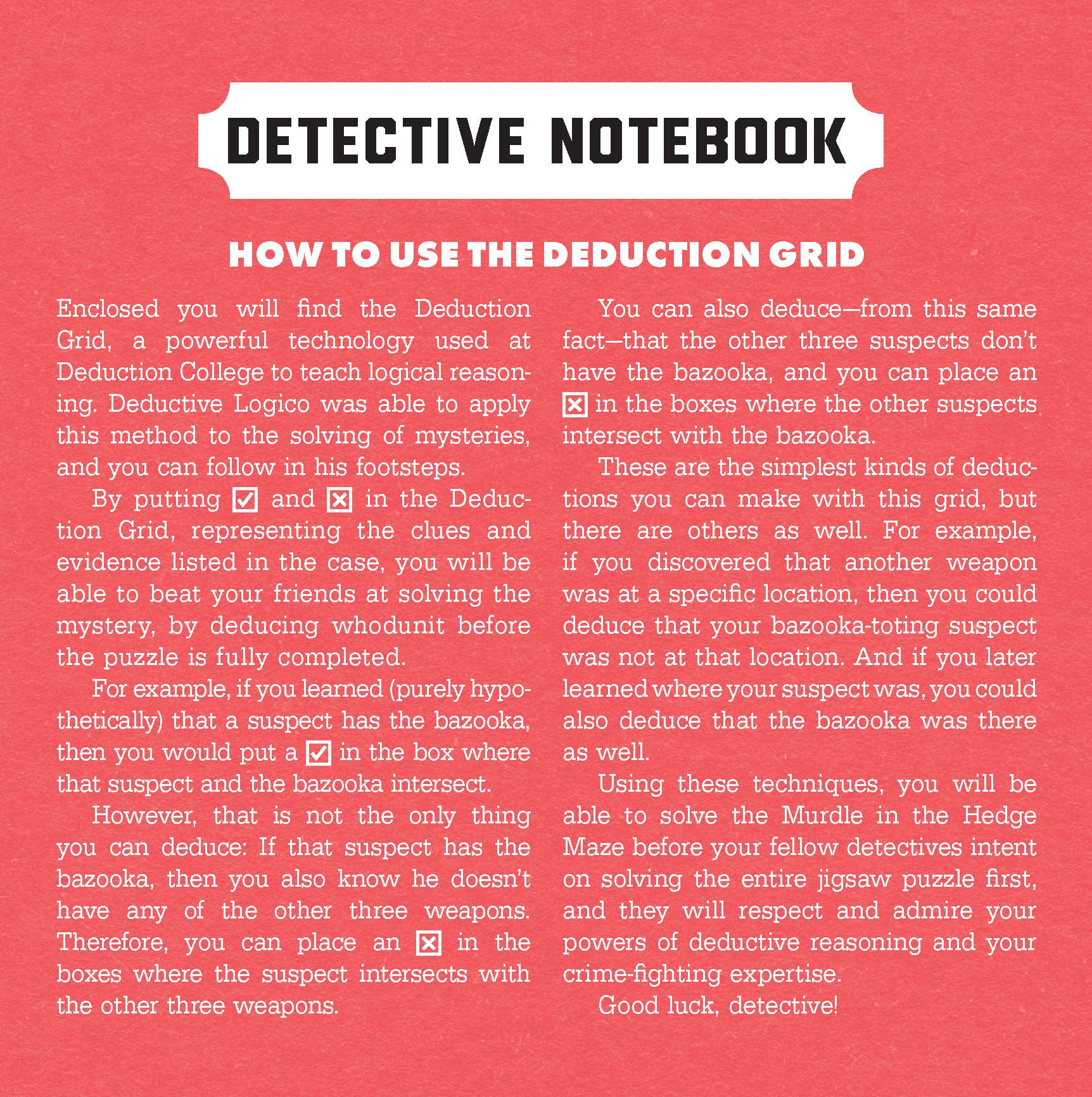Red Murdle in the Hedge Maze page explaining use of the logic puzzle deduction grid in the game.