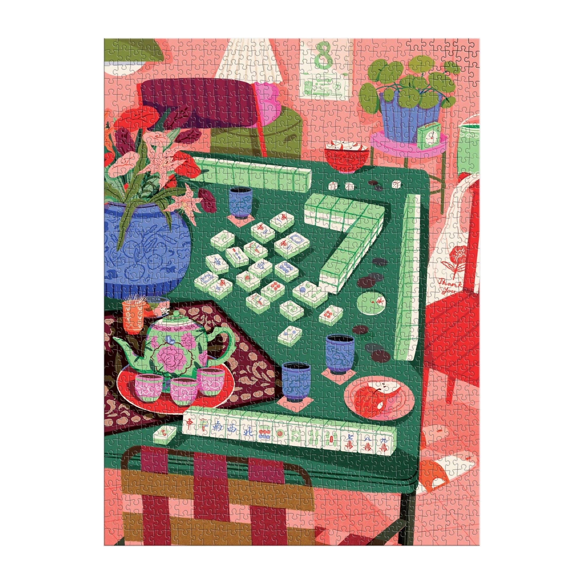 Mahjong Social 1000 Piece Puzzle featuring a Mahjong game on a green table with flowers and cozy decor.