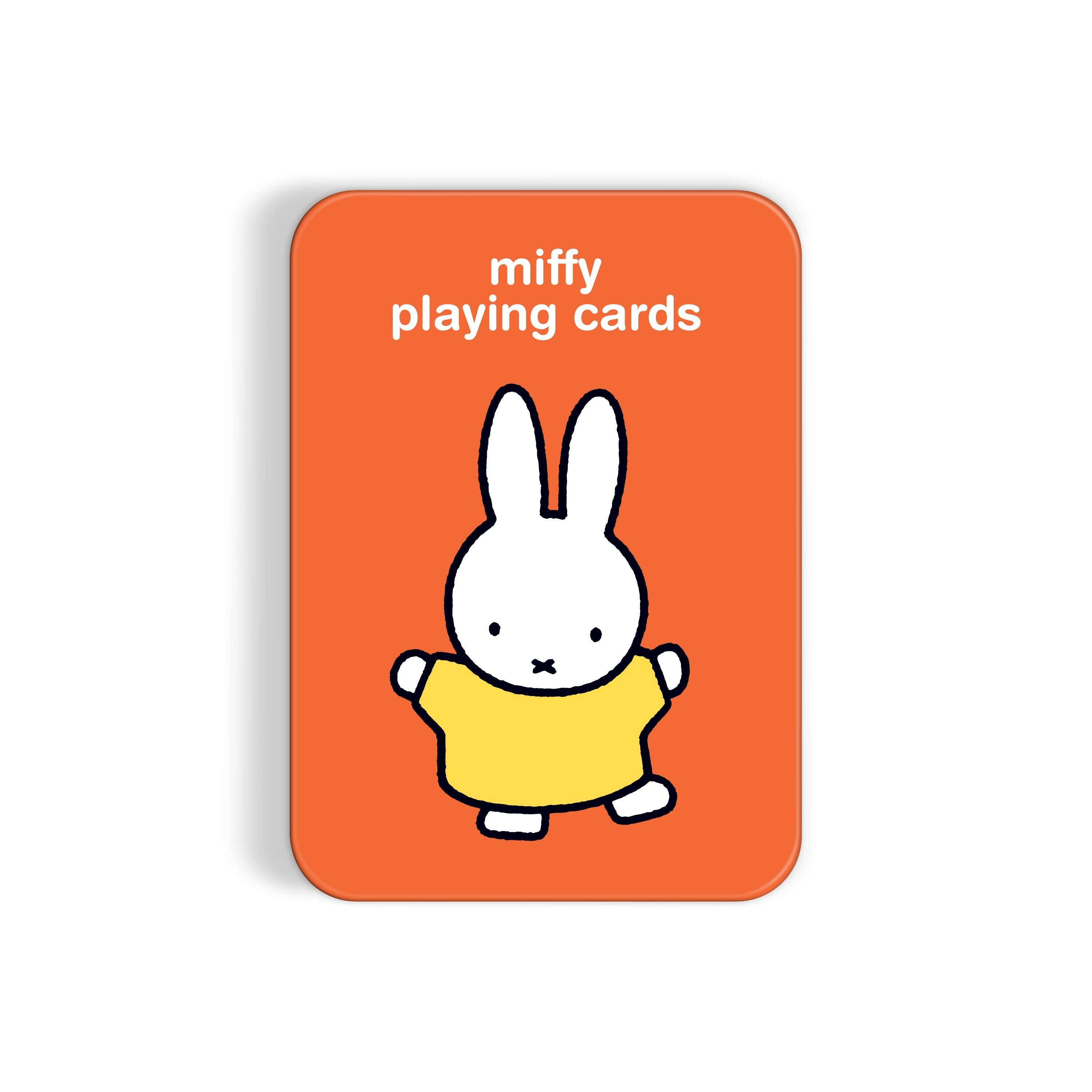 Miffy Playing Card Deck in orange box with cards featuring the white bunny in a yellow shirt.
