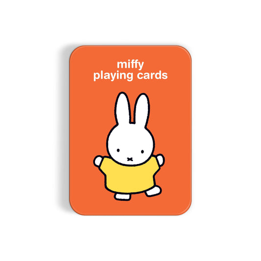 Miffy Playing Card Deck in orange box with cards featuring the white bunny in a yellow shirt.
