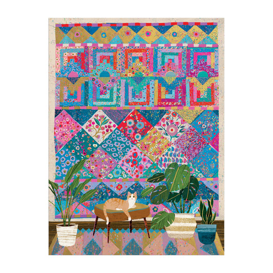 Victoria Ball Quilter’s Corner 1000 Piece Foil Puzzle featuring a cat, plants, and a quilt.
