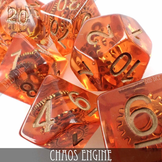Chaos Engine set of 7 translucent orange resin DND dice with gold numbers and visible gears inside.