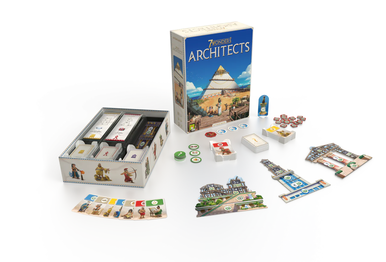 7 Wonders Architects board game box, pieces, and cards displayed.