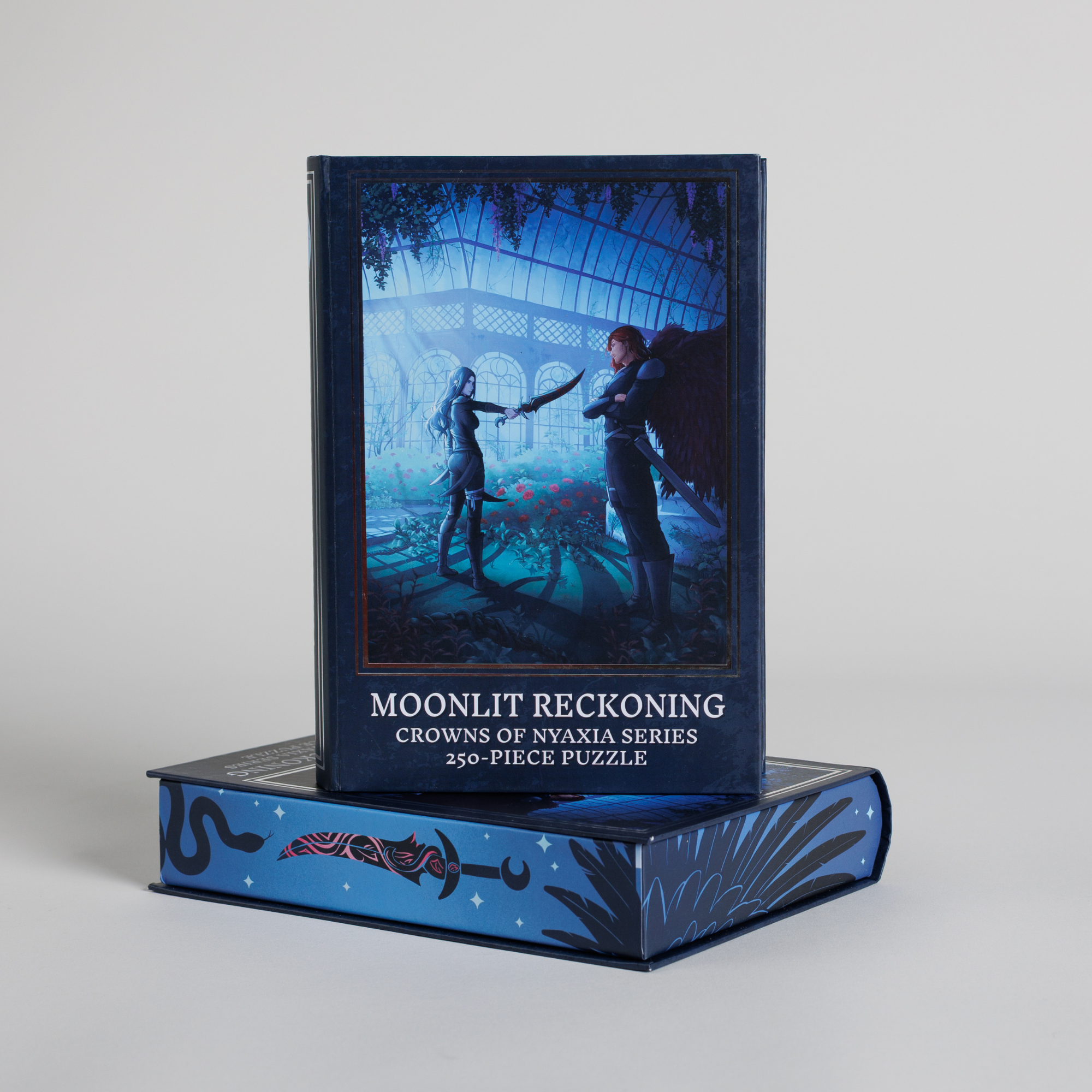 250-piece Moonlit Reckoning Keepsake Puzzle, Crowns of Nyaxia, with fantasy art of two characters facing each other.