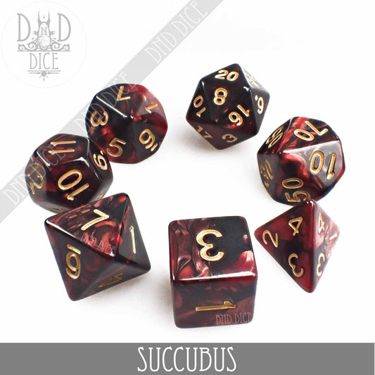 Succubus 7 or 11 black and red marbled dice set with gold numbers.